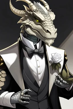 A silver Dragonborn from dnd wearing a tuxedo