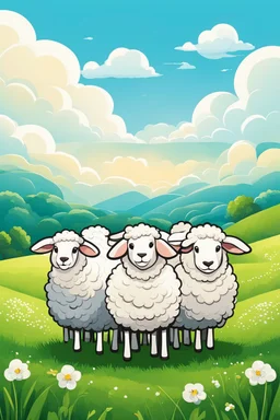 create an image with 4 sheep with the typography, happy face "sheep of faith", 2d, cartoon style, chibbi, kawai, a green field and blue sky in the background