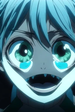 A vampire with turquoise eyes looks through an invisible peephole anime