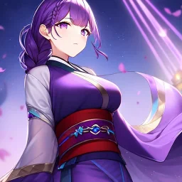 girl, masterpiece, best quality, volumetric lighting, detailed outfit, perfect eyes, purple hair, purple eyes, obi, braided ponytail,