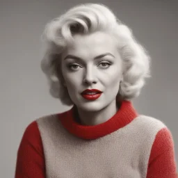Marilyn monroe, she has a hair bun,,, in a large red woollen sweater, v collar, white bacground in the sun
