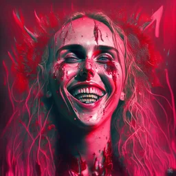 smiling Singer Danish MØ face, blood, guts, wildflower, cosmic, futuristic, iridescent, intricate, darkred tones,