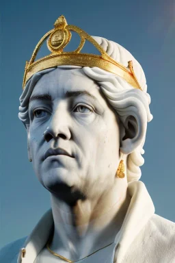 Ultra Realistic image, classic sculpture, white marble material, Maradona, gold divine crown, gold veins, gold ornaments, sun rays background, waist up portrait, epic, celestial, cinematic lighting, God lights, 4k resolution, smooth details, soft lighting, unreal engine 5, art station, substance 3d.