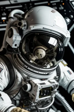 Primer plano de una tortuga astronauta con traje espacial blanco pero se aprecia la cara, dentro de la capsula espacial, ambiente tenso justo antes del despegue, el entorno son equipos electonicos, electricos, y computadoras de abordo