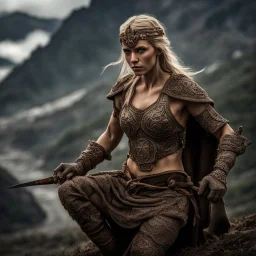 Behold the powerful alluring and pretty blonde barabarian warrior woman, her body adorned with with runes, in the middle of the alps. intricate details, HDR, beautifully shot, hyperrealistic, sharp focus, 64 megapixels, perfect composition, high contrast, cinematic, atmospheric, moody