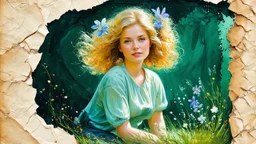 dark green background, abstract art complementary colours fine details , old torn worn paper, peeling, high grain, portrait of blonde woman , flowers in hair, acrylic, alcohol ink, fine drawing, A blonde woman in her 40s, with flowers woven into her loose, curly hair, sits in a whimsical, fairy-tale setting, surrounded by delicate swirling patterns reminiscent of the textures of old torn paper, in a vibrant, abstract style combining acrylic and alcohol ink techniques, with fine detailing that hi