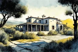 create in inkwash and watercolor a peaceful Spanish villa with expansive olive groves set in the tranquil landscape of ancient Andalusia in the comic book art style of Mike Mignola, Bill Sienkiewicz and Jean Giraud Moebius, , highly detailed,, grainy, gritty textures, , dramatic natural lighting