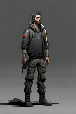 man, , full body, looking serious, comic book, post-apocalypse, grey background