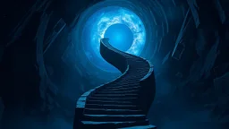 Stairs between heaven and hell, a big vertical spiral staircase made of indefinable material, the end of which cannot be seen, connecting the hellish dark depths with the endless dark blue universe, higg detailed, surreal, dark vibe, cinematic