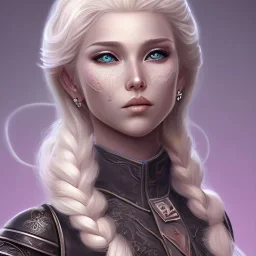 D&D cleric, female, platinum blonde hair, happy, teal armor, eyes gold