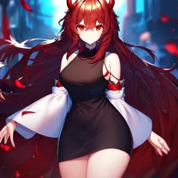 Clear focus,High resolution, Black sleeveless fluffy Shirt, Black short skirt with Red under it, Cut sleeves that are Black, Standing still, Black long hair, Red eyes, Red horns