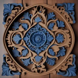 beautiful wooden carved ornament, blue shades, intricate