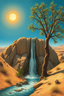 Hieronymus Bosch Style high quality picture waterfall in the desert sunny hot atmosphere dry tree