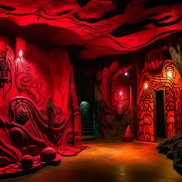 A dark reddish magenta underground cavern with lava designed in Maori sculptures painted by Stuart Davis