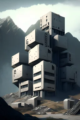 Settlement made up by sturdy prefabricated modern box buildings some multi storey, surrounded by concrete fortification, close to a metallic mountain range