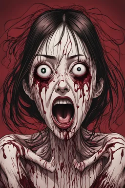 woman with 4 eyes, face distorted with pain, screaming, tears streaming from eyes, siting pose, fullbody, Junji Ito style, darkred tones,