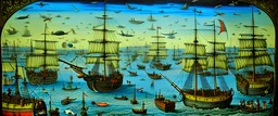 On the left side of the image the 'Hieronymus Bosch' fleet of sky-pirate-ships float above the landscape ready to attack. On the right side of the image the 'Salvador Dali' fleet of pirate-sky-whales (mostly a whale but the top is a pirate ship with masts & rigging & sails unfurled, with cyber pirates looking down and waving) floats in the sky. The landscape is in the style of 'M C Escher'. Ultra high detail, photoreal, epic cinematic, 8K, Large depth of field