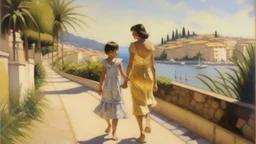 cote d'azur mother and child walking hand in hand from the back painting neoclassism 60