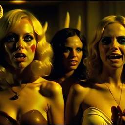 Horror movie shot, hot brast, ultra realistic, plates, horns, ultra chaos, realistic hot blonde women, party, pieces of meat, organs, hot dynamic, very excited people, hypermaximalist figures, light, 1970's Italian horror movie, sinister,, Dario Argento, Stanley Kubrik, ornate, 4k, photorealism