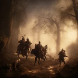 an historical army in the Woods, oasis , dark , , night , realistic