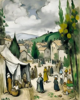 A grayish white fair in a medieval kingdom painted by Paul Cezanne