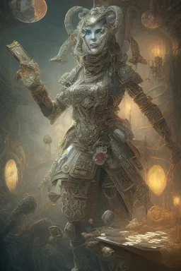 A harlequin character, playing cards with other people , sf, intricate artwork masterpiece, ominous, matte painting movie poster, golden ratio, trending on cgsociety, intricate, epic, trending on artstation, by artgerm, h. r. giger and beksinski, highly detailed, vibrant, production cinematic character render, ultra high quality model