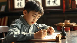 Young schoolboy writing Chinese characters using brush and ink, award-winning colour photograph, beautiful lighting, accurate Chinese script