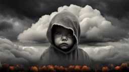 a scary and very pale transparently baby-face made of clouds looking at the camera, gray and dark clouds with black empty eyes on sky, gray-white clouds, autumn wind over the landscape, weird, detailed, haunting, dark crepy mood, nightmare, thriller, mood, dark fantasy