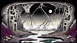 painted inner world with uncontrolled mind and neurodivergens soul, floating rocks over surreal cracked weird landscape . one cracked bridge between two dark door. deep dark purple, gray, black, white, brown, malachit, cream color. Whimsical strange style of myro, of Quentin Blake and Redmer Hoekstra. No people in picture, weird absurd beauty nightmare, black rawen, in background fade neuron network-web, surreal vibe,