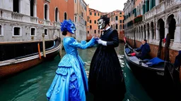 Create a captivating scene set in a picturesque Venice during the Carnival, where elegantly dressed individuals in extravagant masks and costumes engage in playful interactions by the serene canals. The atmosphere is filled with a sense of mystery and revelry, highlighted by intricate details of the ornate attire and the stunning backdrop of historic architecture. Explore themes of celebration, anonymity, and the beauty of traditional festivities.