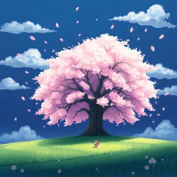 Anime fantasy landscape with a giant sakura tree centerpiece against dark blue sky. Soft art style with pastel colors. Cherry blossom petals floating in the air. Fluffy white clouds in background. Lush green grass field in foreground. Peaceful spring atmosphere with magical fantasy elements. Watercolor-like blending effects. Small cute chibi mascot characters playing in the grass. Art style combines gentle gradients and soft lighting typical of visual novel backgrounds.