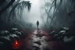 realistic scene surrealis horror homicide victiim on the path, jungle background, bold mist, fog, cinematic, dramatic lighting