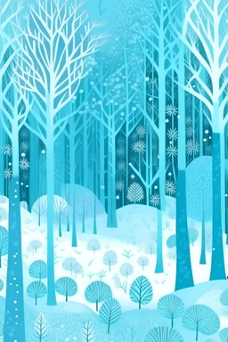 A cyan winter forest with falling snowflakes designed in German folk art