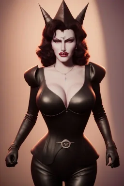 Rita Hayworth as evil queen in black leather, busty, cleavage, curvy, angry, stern look. character design by cory loftis, fenghua zhong, ryohei hase, ismail inceoglu and ruan jia. unreal engine 5, artistic lighting, highly detailed, photorealistic, fantasy