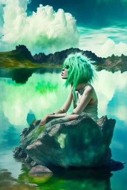 woman sitting on a rock, in a lake, green mottled skin, green hair, blue sky, wite clouds