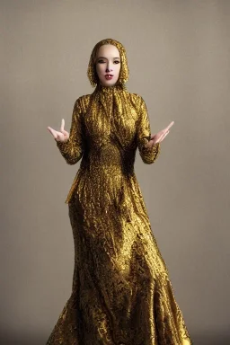 Portrait lady, full body shot, full-color long shot gold filigree positive space dominance