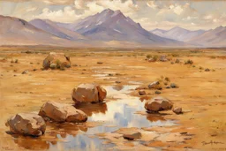 Arid land, clouds, mountains, rocks, puddle, vegetation, theodore robinson impressionism painting