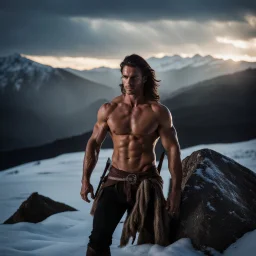 Handsome and muscular 30 year old shirtless mountain man, dark fantasy, snow capped mountains