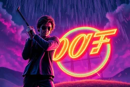 bob saget jovi as james bond the spysex coin golfer multi color neon sign, ultimate psychedelic beauty, with fireworx falling from sky