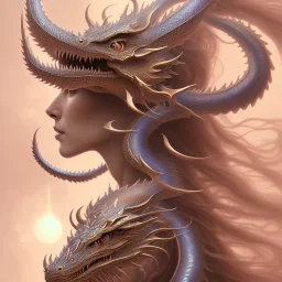 sango fantasy, fantasy magic, intricate, sharp focus, illustration, highly detailed, digital painting, concept art, matte, artgerm and paul lewin and kehinde wiley, masterpiece silver dragon head golden Asian nice breast Afo woman pink waves