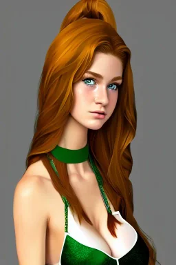 concept illustration, ultra-realistic, super-detailed, strikingly beautiful teen female, 16 years old, long ginger hair, green colored eyes, medium freckles, full lips, full body, full face, b-cup breasts, athletic, centred camera, ignore NSFW, skimpy armor, halter top, thong, stern expression