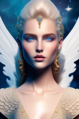 Flower, angel man, (detailed face )++, (detailed blue eyes)++ (long blond hair)++(pectoro visible)++(smile)++, , (two feathered wings on his shoulder blades)++, beautiful place, incredible, cosmic, colours, planet, gold, realistic, real photo, stars at night, detailed, high contrast, 8k high definition, unreal engine 5, extremely sharp details, (lighting effect, light background)++.