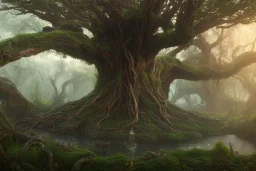 a beautiful and highly detailed matte painting of a wooden elven temple in a magical fantasy garden in a lush forest, celtic knots, ancient runes, knotted trees, tangled vines, intricate details, epic scale, insanely complex, 8k, sharp focus, hyperrealism, very realistic, by caspar friedrich, albert bierstadt, james gurney, brian froud