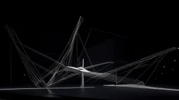 Expresionismo geométrico: tres planos blancos que se cortan sin razón funcional aparente. El suelo desaparece en el encuadre. El fondo es un cielo negro de medianoche. Parece una maqueta a escala gigante.