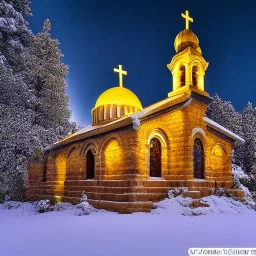 Greek Orthodox Church, decorated with intricate stone carvings, on a snowy night, golden crosses on tops, white light inside, many different color Northern lights, Full Moon over Mountains, 10 second long exposure, highly detailed, ultra reallistic, oil on canvas, cinematic lighting, colourful,long exposure, good atmosphere, by Jacek Yerka, Thomas Kinkade, Caspar David Friedrich.