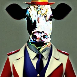 A cow wearing a suit and tie