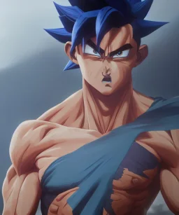 Goku, avatar blue body style, fighting pose, muscular body, shirtless, volumetric details, hyper realism, unreal engine 5