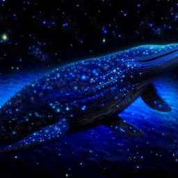 Create an image of a colossal, surreal whale dominating the foreground, blending into a starry night. The whale itself is a deep, cosmic blue with celestial bodies and stardust spiraling within it, suggesting a galaxy. It features intricate patterns and textures that reminisce the surface of a planet. The galaxy is alive with motion, reflecting the light of a super star (blue) that glimmers. The transition is seamless, symbolizing a cosmic fusion of whale and space, hinting at the vast and myste