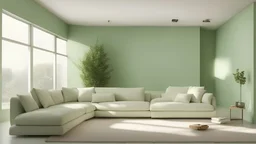 Sala minimalista, sofa, parede verde claro