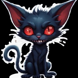 cartoon art from whimsical weird dark blue vampire cat with big head with crepy red eyes, big smile with sharp teeth, messy body hair, thin little body big paws sitting and looking devilishly, surreal crepy cute style , anime, comics, blur transparent background